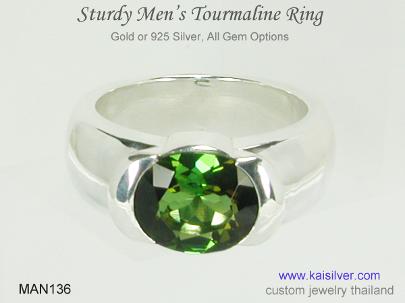green tourmaline gent's silver or gold ring