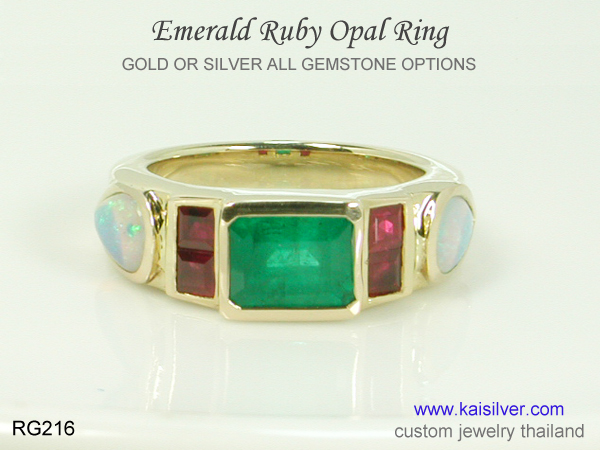 gold ring with emerald opal and ruby