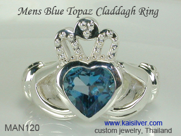 mens topaz ring, heart claddagh